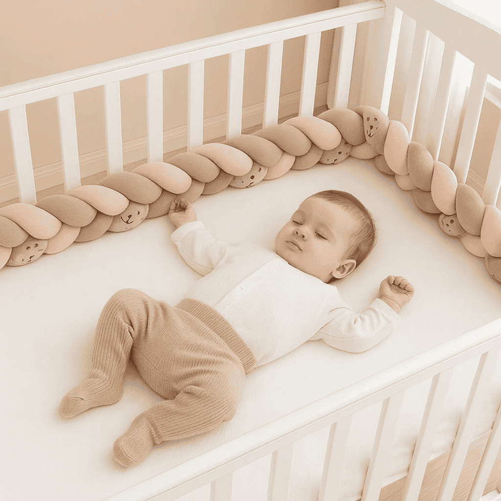 tresse-de-lit-bebe-dormant-coussin-rose-beige-securite-berceau-de-reves