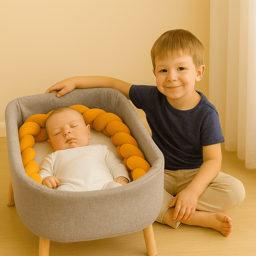 tresse-de-lit-bebe-endormi-dans-couffin-gris-et-grand-frere-attentionne-reve-d-enfant