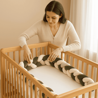 tresse-de-lit-bebe-installee-par-parent-couleurs-vert-blanc-beige-reve-couleur