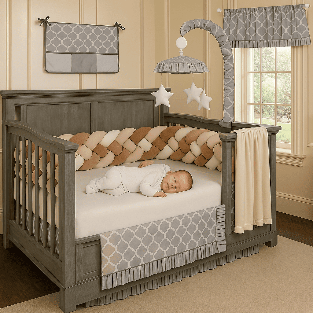 tresse-de-lit-bebe-marron-blanc-gris-dans-berceau-gris-avec bebe-qui-dort-nuage-doux