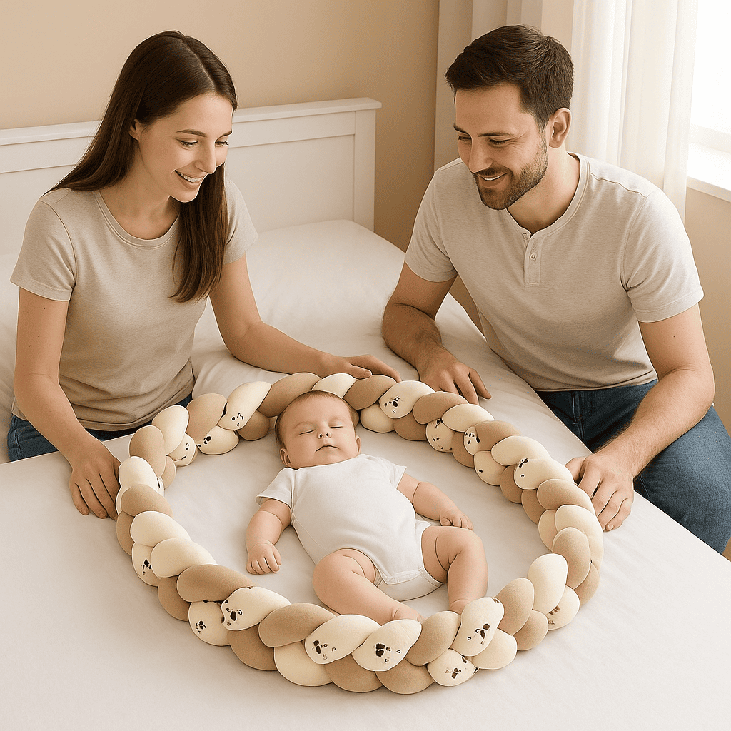 tresse-de-lit-bebe-parents-heureux-avec-bebe-serein-plume-de-reve