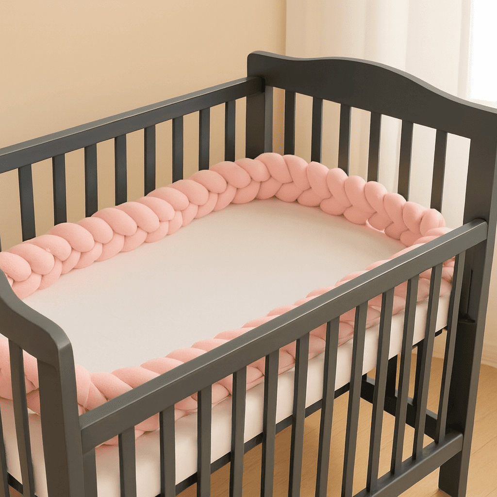 tresse-de-lit-bebe-rose-clair-dans-berceau-gris-matelas-blanc-murmure-de-coton