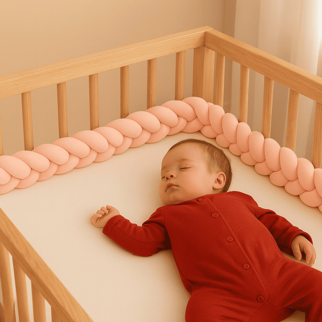 tresse-de-lit-bebe-rose-dans-lit-bois-avec-bebe-endormi-murmure-de-coton