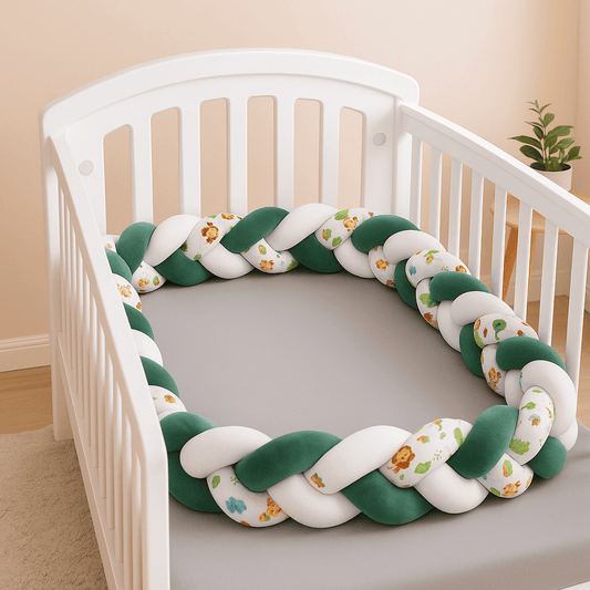 tresse-de-lit-bebe-vert-blanc-fleuri-dans-berceau-blanc-petit-nid