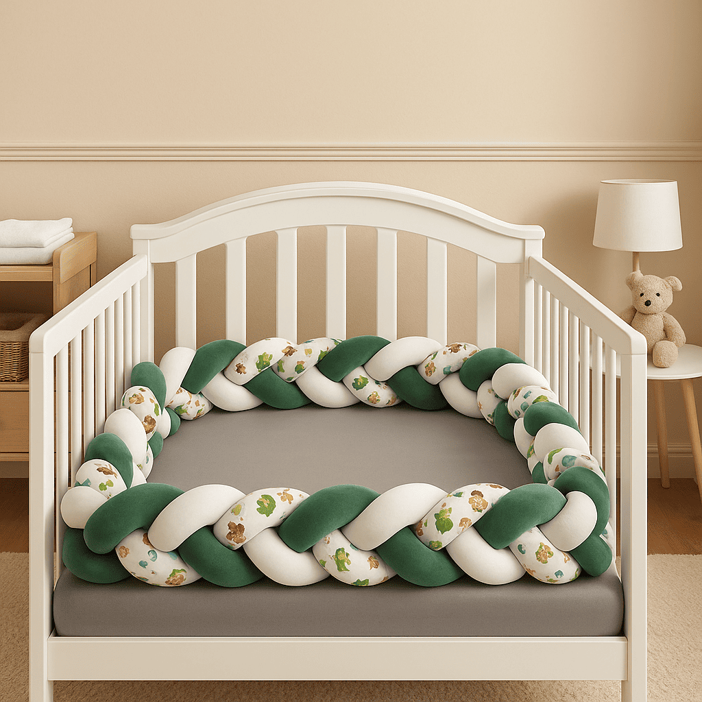 tresse-de-lit-bebe-vert-blanc-simple-blanc-fleuri-dans-berceau-blanc-petit-nid