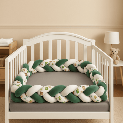 tresse-de-lit-bebe-vert-blanc-simple-blanc-fleuri-dans-berceau-blanc-petit-nid