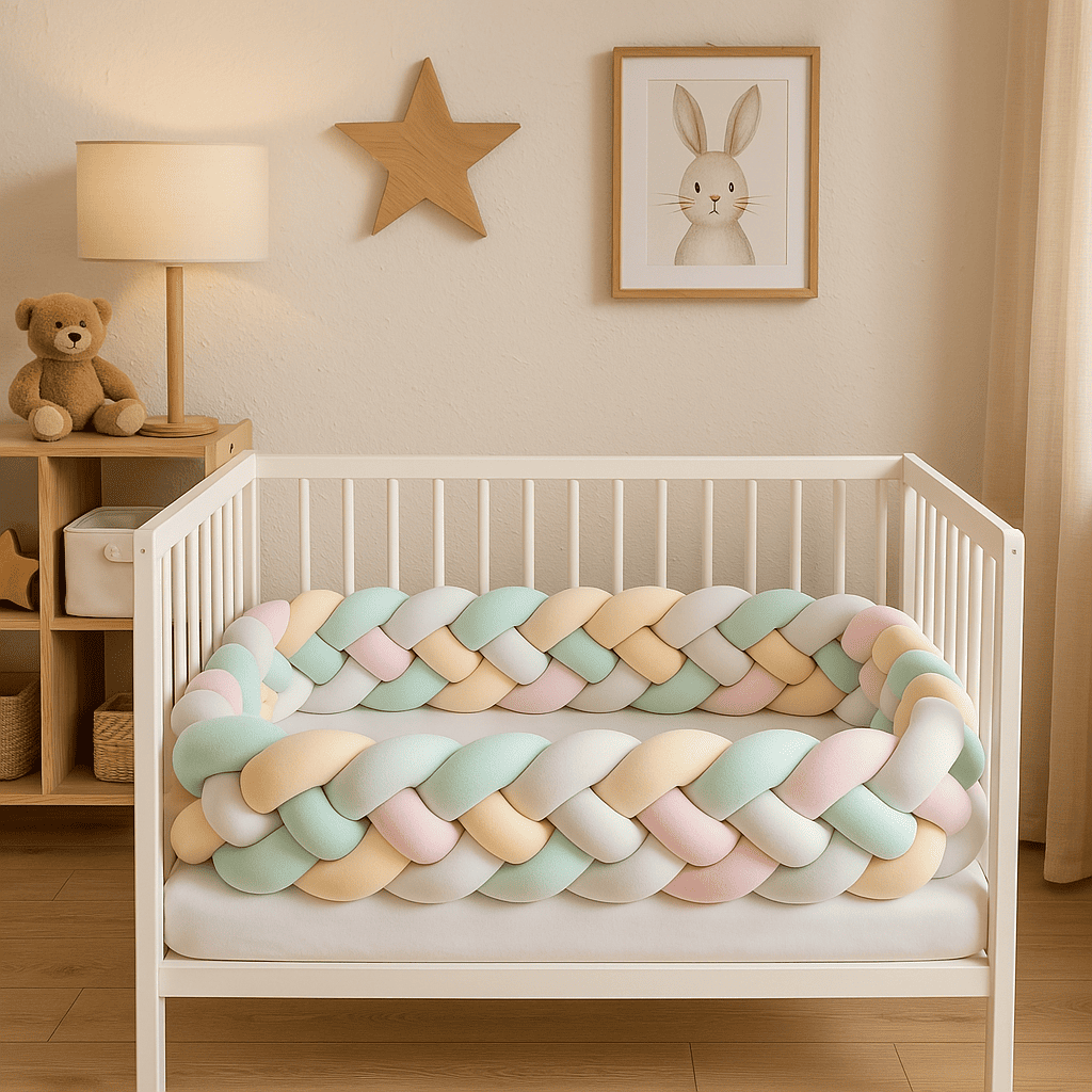 tresse-de-lit-bebe-vert-jaune-rose-dans-berceau-blanc-avec bebe-qui-dort-nuage-doux