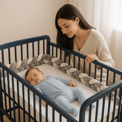 tresse de lit beige blanc et gris dans lit bleu avec bebe et adulte caresse d etoiles