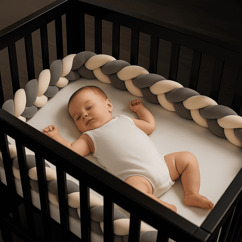 tresse de lit beige blanc et gris dans lit noir avec bebe endormi caresse d etoiles