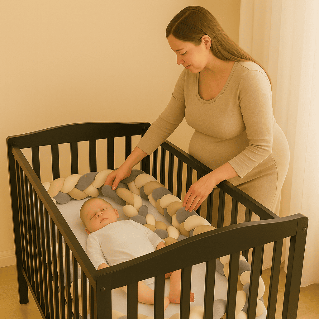 tresse de lit beige blanc et gris installee dans lit noir pour bebe caresse d etoiles