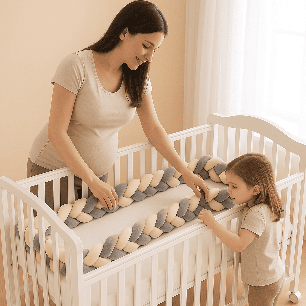 tresse de lit beige blanc et gris installee par maman avec enfant curieux caresse d etoiles