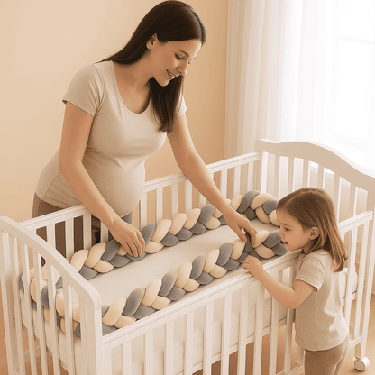 tresse de lit beige blanc et gris installee par maman avec enfant curieux caresse d etoiles