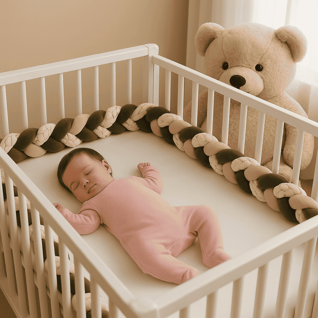 tresse-de-lit-beige-creme-vert-menthe-dans-berceau-blanc-avec-bebe-matin-doux