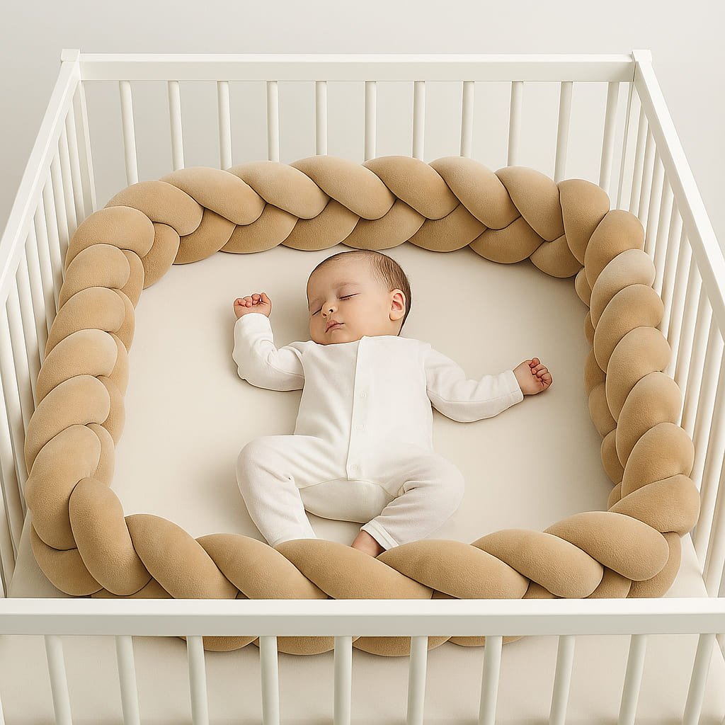 tresse-de-lit-beige-dans-lit-blanc-avec-bebe-qui-dort-olivebeige