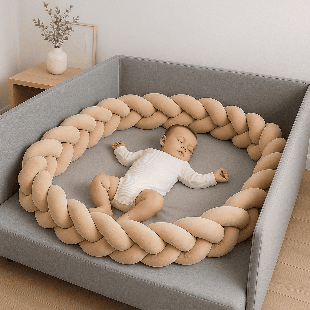 tresse-de-lit-beige-dans-lit-gris-avec-bebe-qui-dort-olivebeige