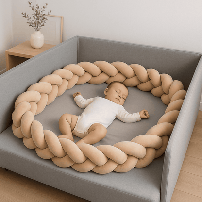 tresse-de-lit-beige-dans-lit-gris-avec-bebe-qui-dort-olivebeige