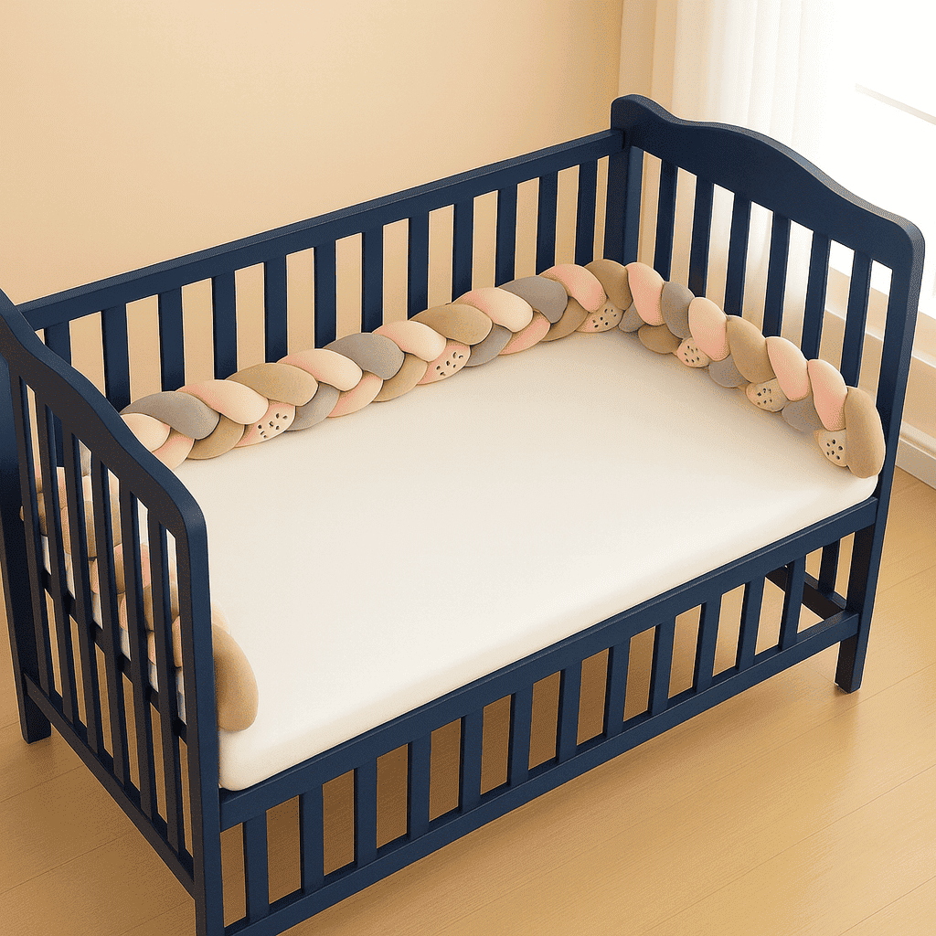 tresse-de-lit-beige-rose-gris-chambre-bebe-confort-securite-berceau-de-reves