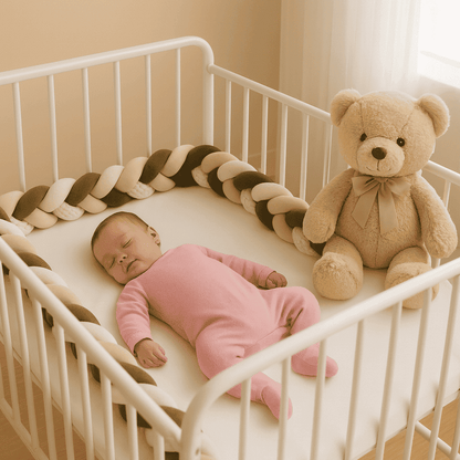 tresse-de-lit-beige-vert-dans-berceau-avec-bebe-serein-en-rose-matin-doux