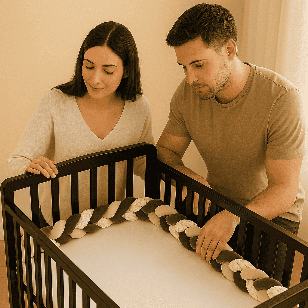 tresse-de-lit-blanc-beige-vert-dans-lit-noir-avec-parents-attentifs-matin-doux
