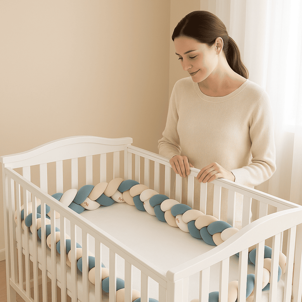 tresse-de-lit-bleu-beige-blanc-avec-motifs-dans-berceau-avec-personne-observant-songe-calin