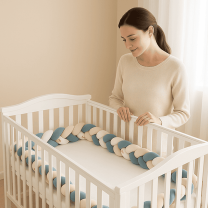 tresse-de-lit-bleu-beige-blanc-avec-motifs-dans-berceau-avec-personne-observant-songe-calin