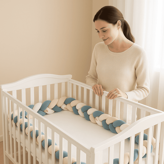 tresse-de-lit-bleu-beige-blanc-avec-motifs-dans-berceau-avec-personne-observant-songe-calin