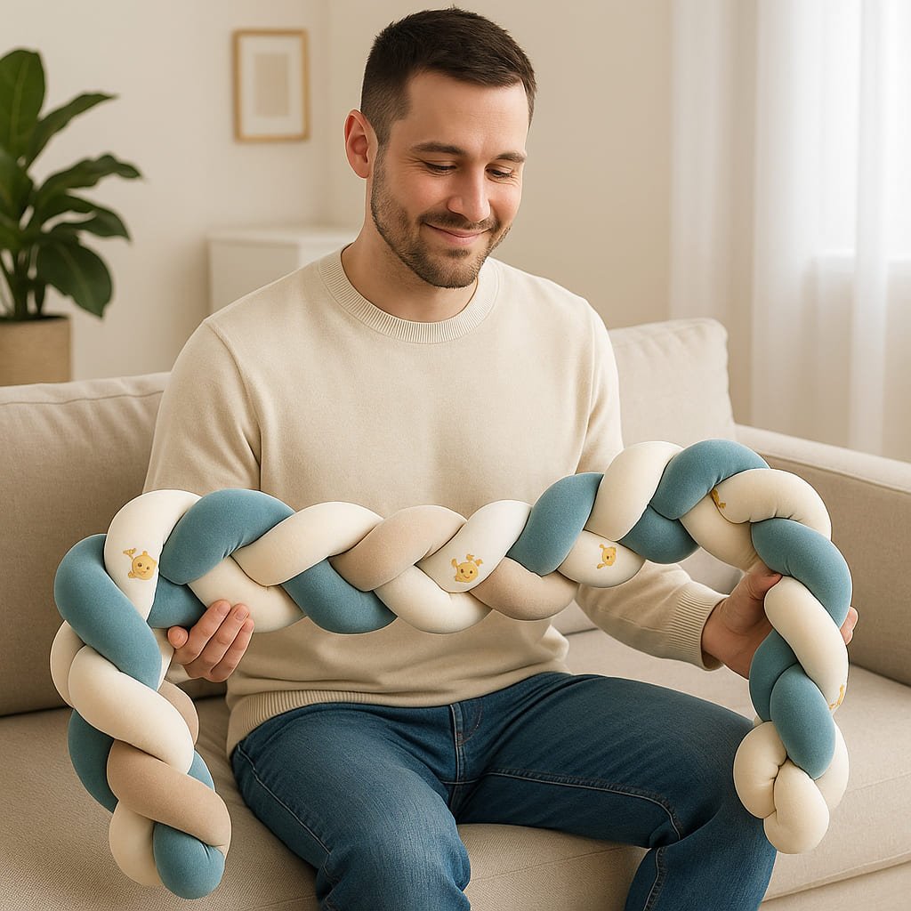 tresse-de-lit-bleu-beige-blanc-avec-motifs-ours-tenue-par-papa-assis-songe-calin