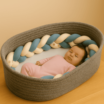 tresse-de-lit-bleu-beige-blanc-dans-couffin-avec-bebe-endormi-songe-calin