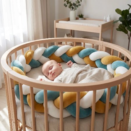 tresse-de-lit-cabane-4m-bebe-endormi-berceau-rond-teal-moutarde-blanc-confort-nurserie-caresse-tressee