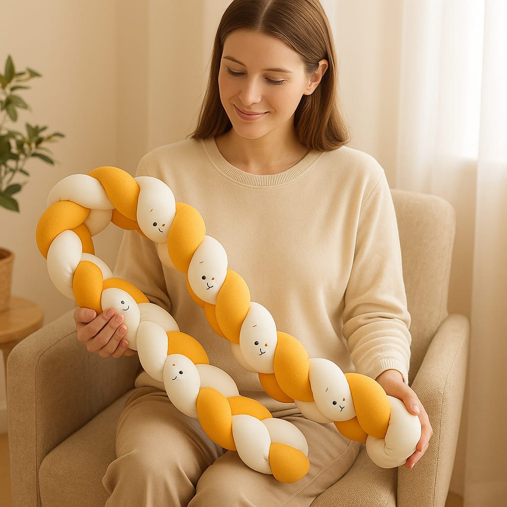 tresse-de-lit-canelle-beige-blanc-motifs-tenue-par-maman-assise-eveil-douceur