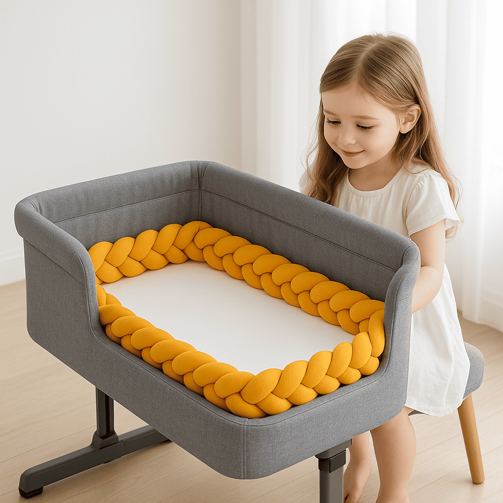 tresse-de-lit-couffin-gris-pour-bebe-et-fillette-en-robe-blanche-a-cote-reve-d-enfant