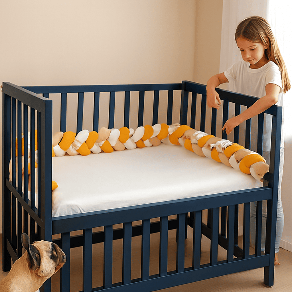 tresse-de-lit-couleur-canelle-beige-blanc-motifs-dans-berceau-avec-enfant-et-chien-eveil-douceur