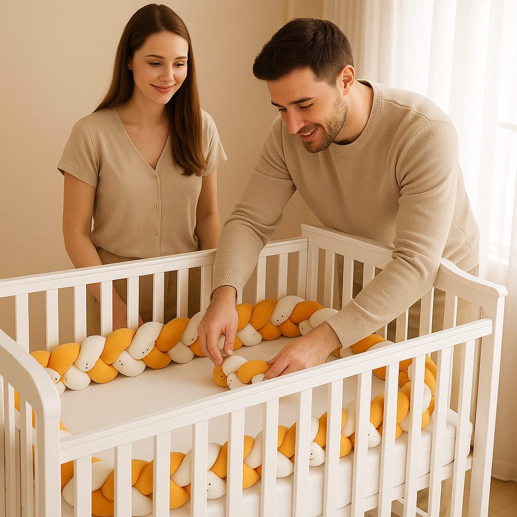 tresse-de-lit-couleur-canelle-beige-blanc-motifs-dans-lit-blanc-avec-jeune-couple-eveil-douceur