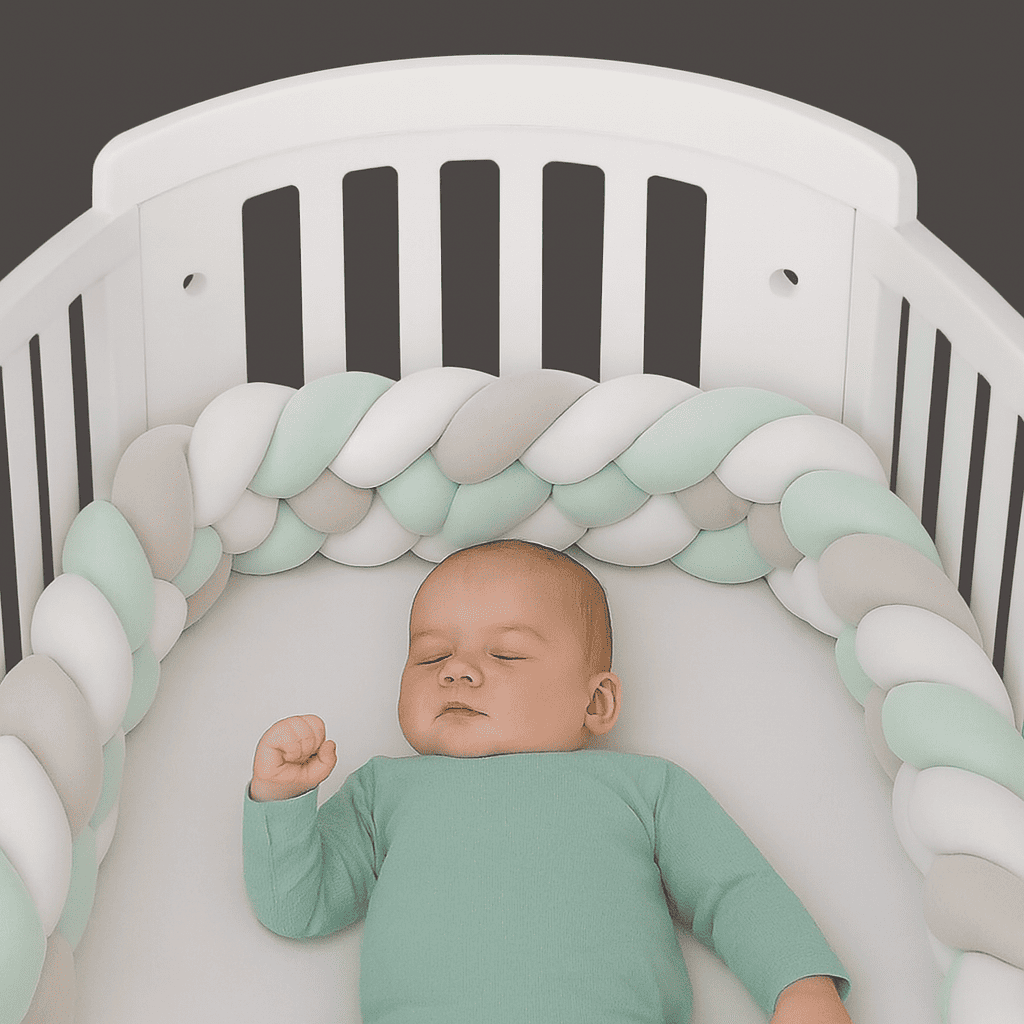 tresse-de-lit-gris-vert-blanc-quatre-brins-dans-berceau-bebe-serein-protection-renforcee