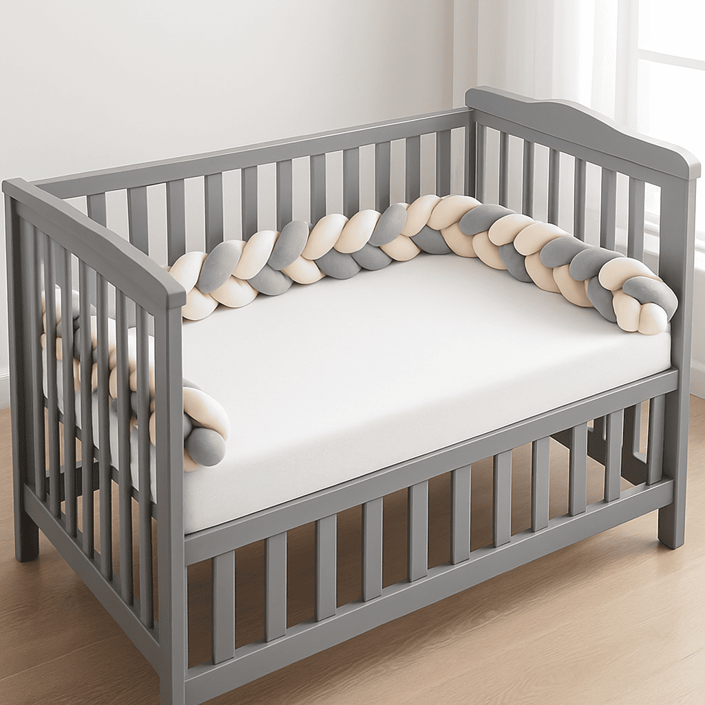 tresse de lit installee dans berceau gris couleurs beige blanc et gris caresse d etoiles