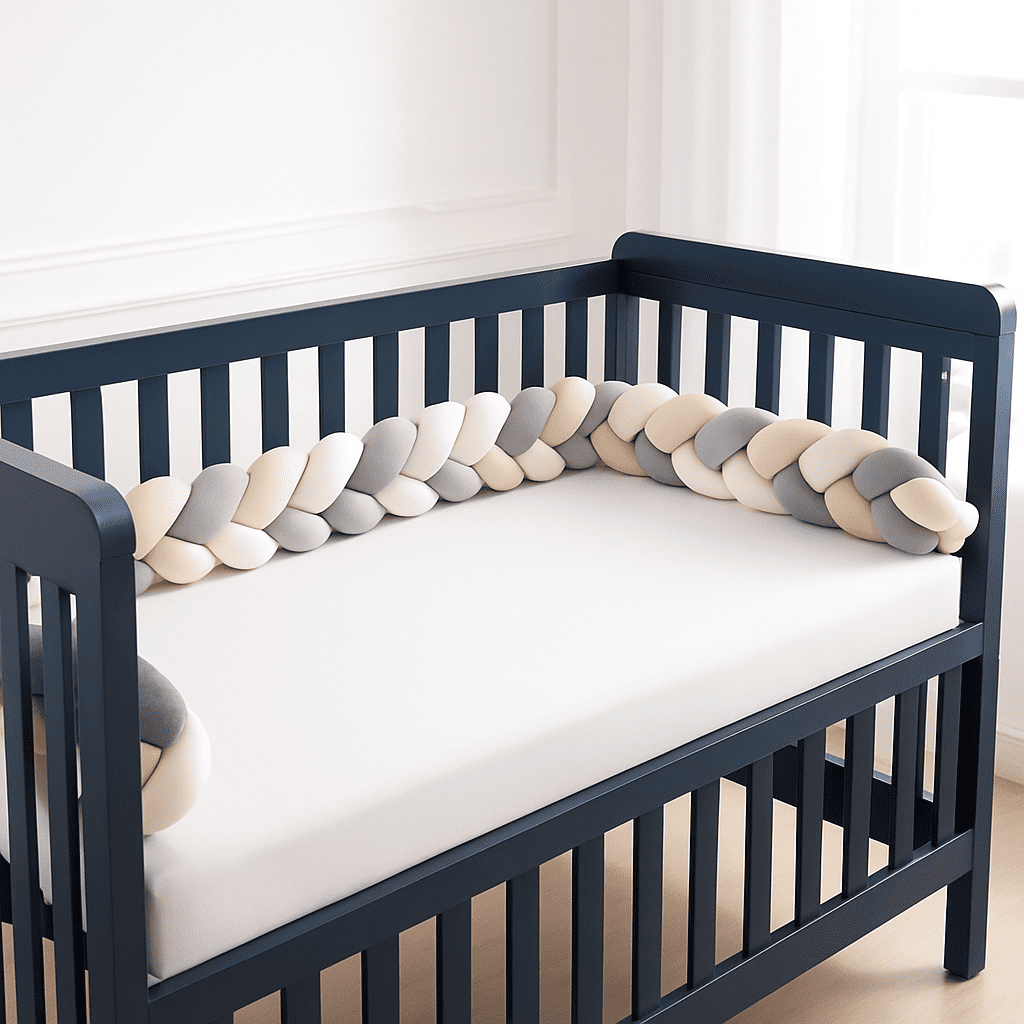 tresse de lit installee dans lit bebe bleu avec couleurs neutres caresse d etoiles