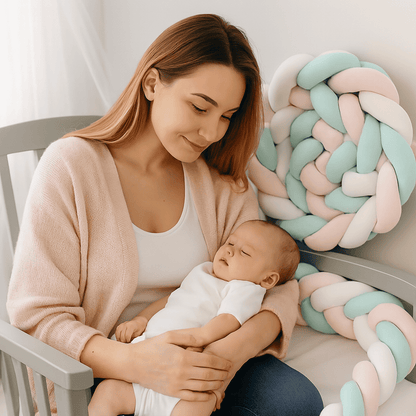 tresse de lit maman berçant son bebe endormi dans un fauteuil gris avec tresse de lit bleu clair rose blanc en decor nurserie douce et rassurante nurserie