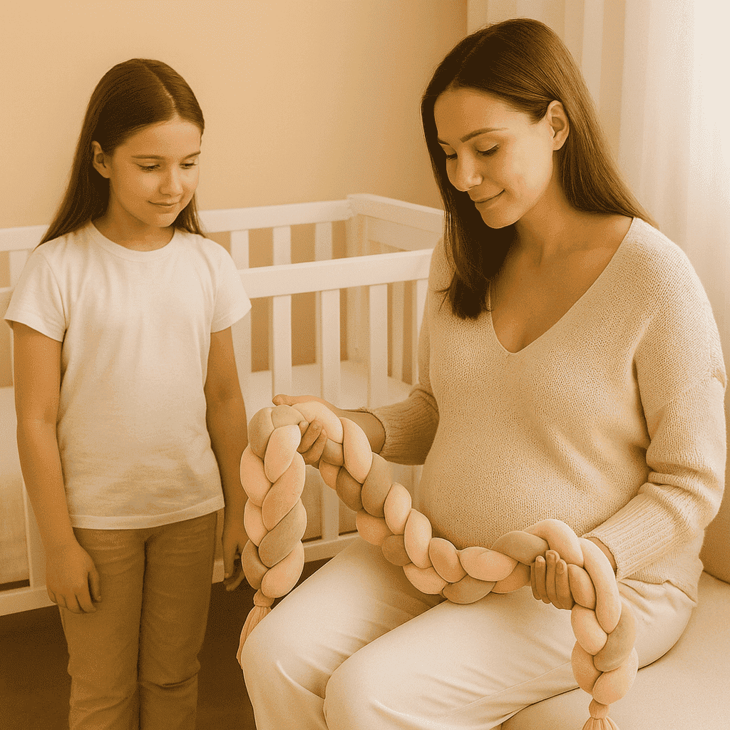 tresse-de-lit-maman-enceinte-avec-enfant-dans-chambre-bebe-berceau-de-reves