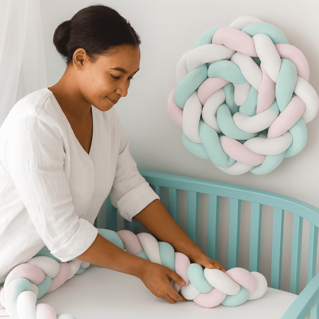 tresse de lit maman installant une tresse de lit bleu clair rose blanc dans un berceau turquoise avec décoration murale assortie en forme de spirale nurserie
