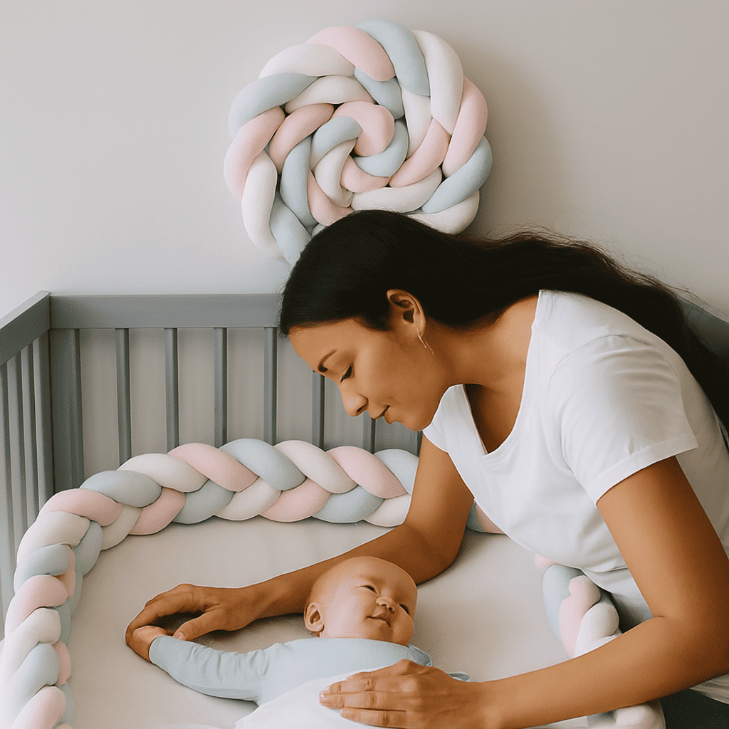 tresse de lit maman penchee sur le berceau avec tresse de lit bleu clair rose blanc et bebe allonge dans un environnement doux et rassurant nurserie