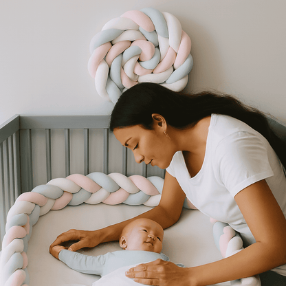 tresse de lit maman penchee sur le berceau avec tresse de lit bleu clair rose blanc et bebe allonge dans un environnement doux et rassurant nurserie
