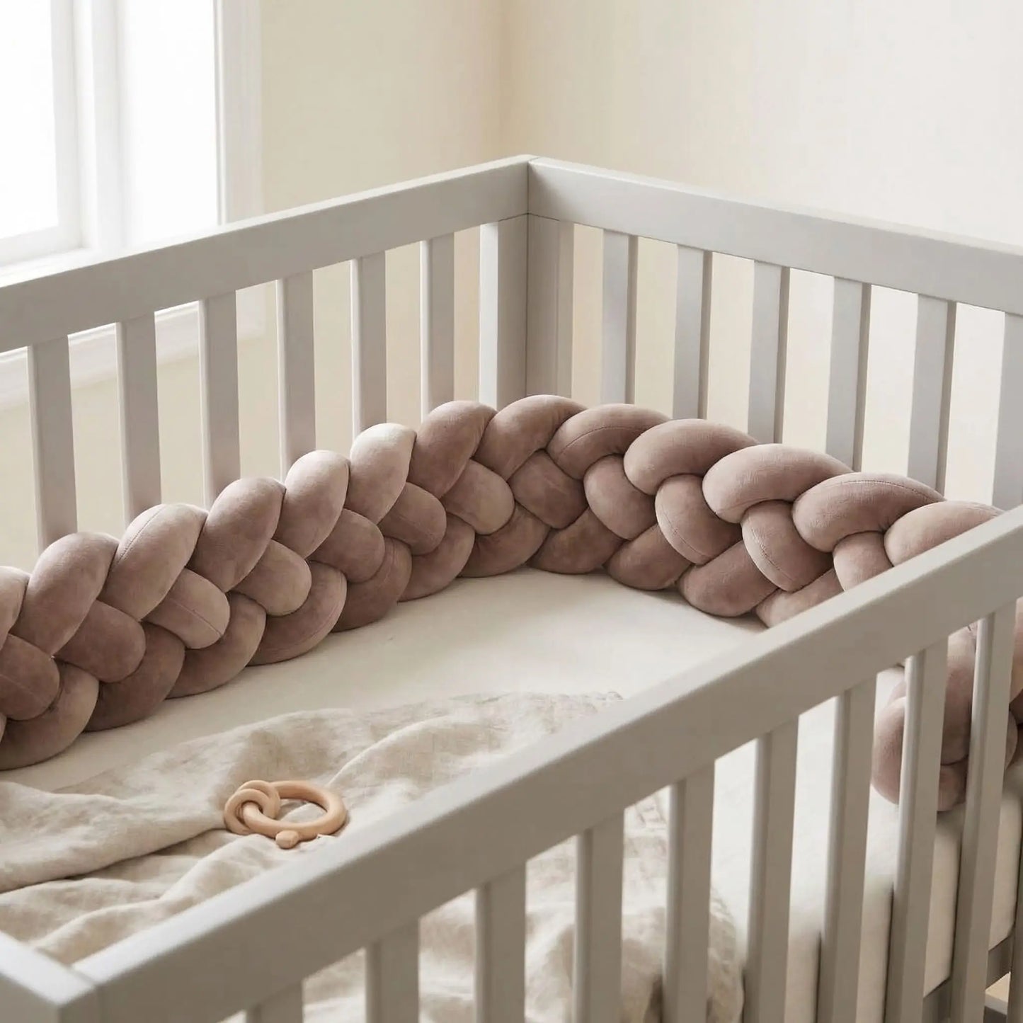 tresse-de-lit-marron-berceau-bebe-avec-coussin-et-jouet-bois-sable-chamallow