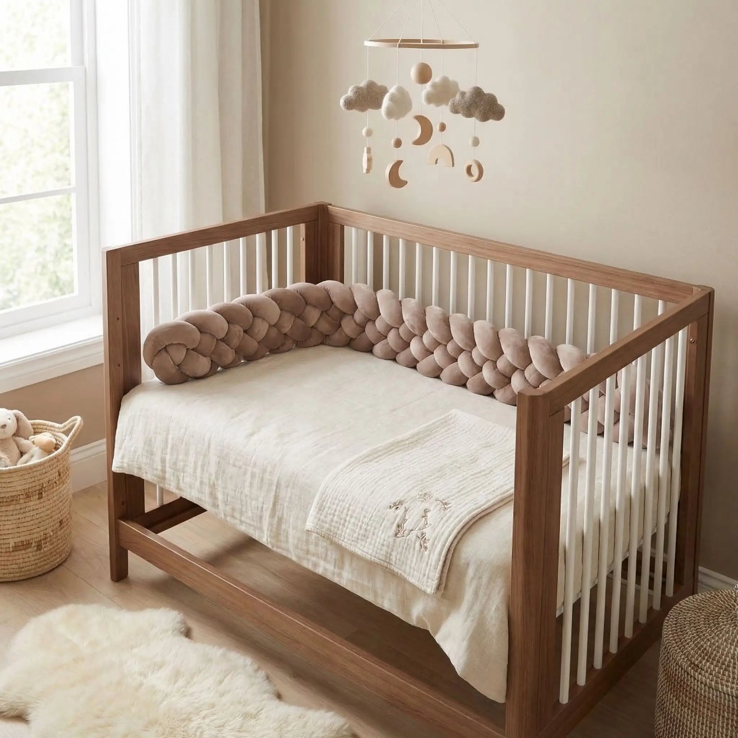 tresse-de-lit-marron-berceau-bois-avec-coussin-et-mobile-nuage-sable-chamallow