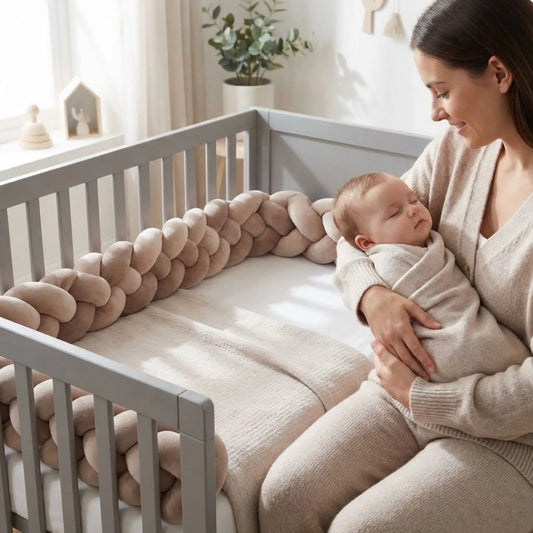 tresse-de-lit-marron-protection-douce-bebe-dans-berceau-avec-maman-sable-chamallow