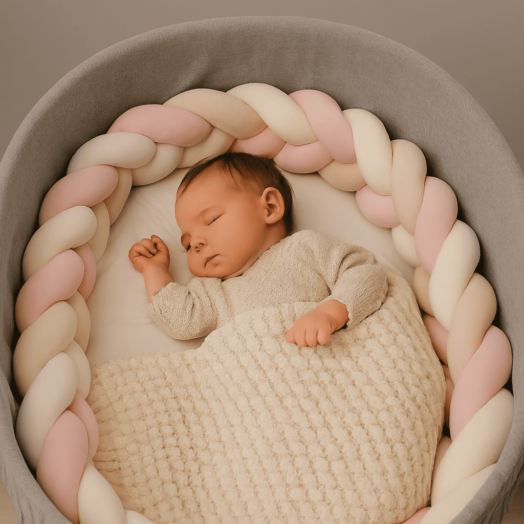 tresse-de-lit-natte-avec-quatres-brins-couleur-rose-beige-blanc-dans-couffin-avec-un-bebe-serein-nuitdouce