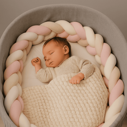 tresse-de-lit-natte-avec-quatres-brins-couleur-rose-beige-blanc-dans-couffin-avec-un-bebe-serein-nuitdouce