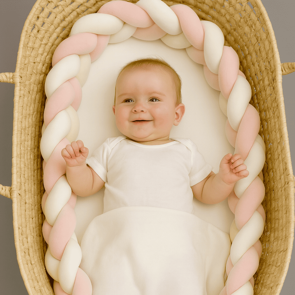 tresse-de-lit-natte-avec-quatres-brins-couleur-rose-beige-blanc-place-dans-couffin-avec-bebe-habille-en-blanc-qui-sourit-nuitdouce