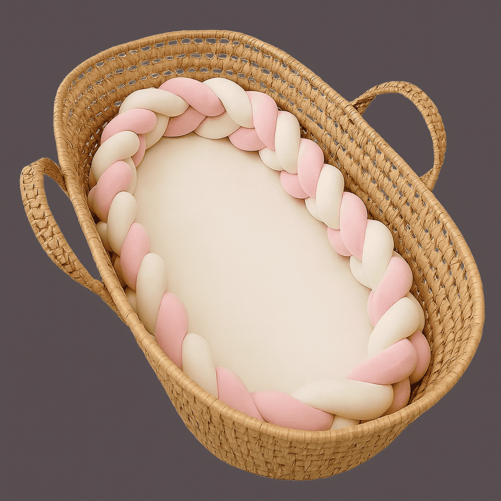 tresse-de-lit-natte-avec-quatres-brins-couleur-rose-beige-blanc-place-dans-un-couffin-pour-bebe-nuitdouce