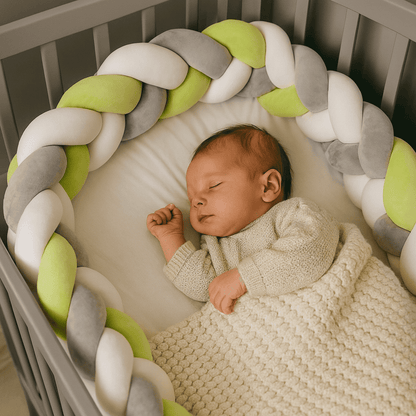 tresse-de-lit-noue-avec-quatres-brins-de-couleur-blanche-vert-citron-gris-avec-bebe-serein-dans-lit-gris-douceur