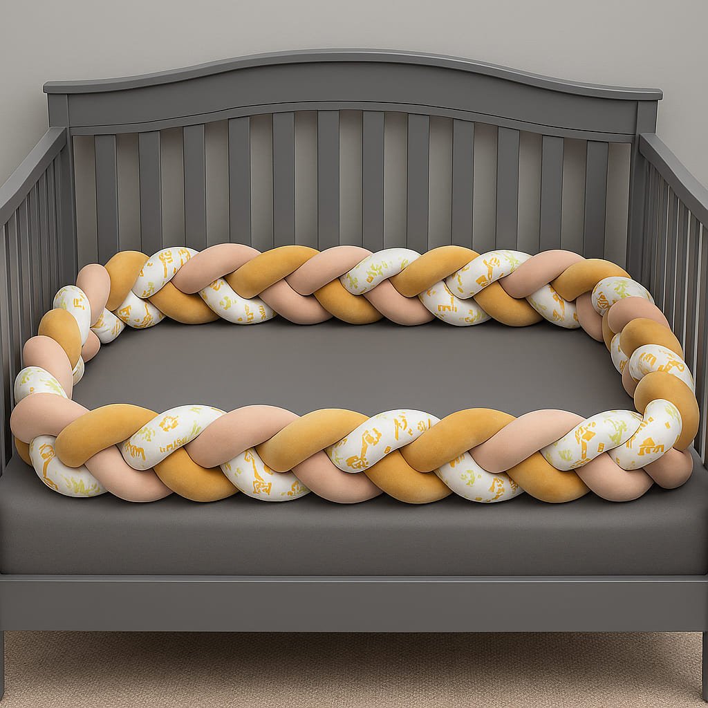 tresse-de-lit-rose-pale-jaune-moutarde-blanc-dans-berceau-gris-rosemotifs
